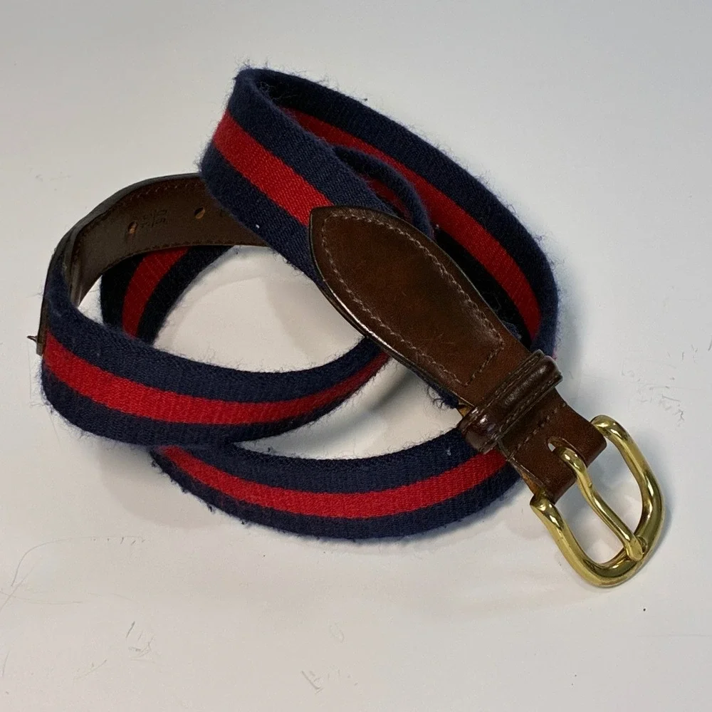 Vtg 90s Navy Red Stripe Web Belt 36 Leather Brass Preppy Equestrian Old Money‎